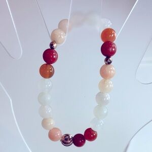 Multi-tone Beaded Stretch Bracelet - White, Peach & Red quartz stones